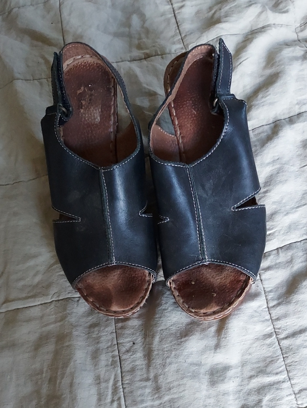 Black Leather Sandals 4" Wedge Heel Sz 8